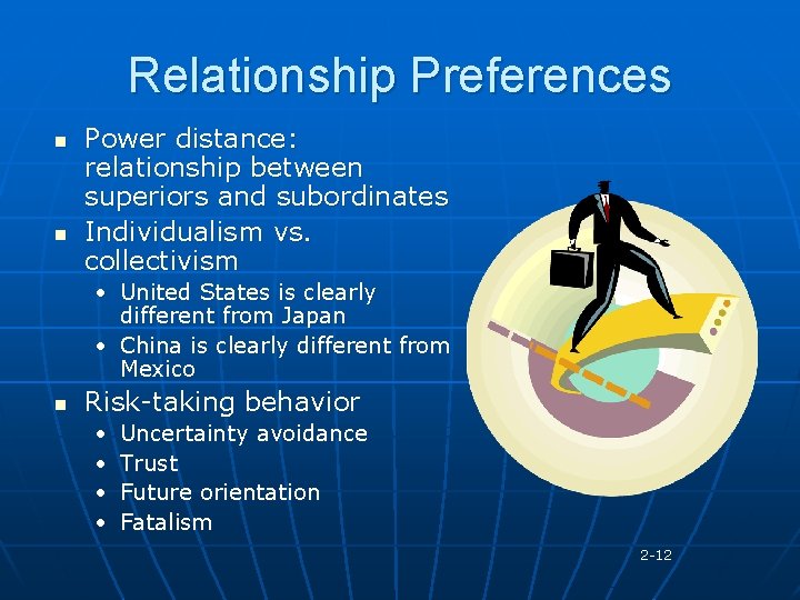 Relationship Preferences n n Power distance: relationship between superiors and subordinates Individualism vs. collectivism