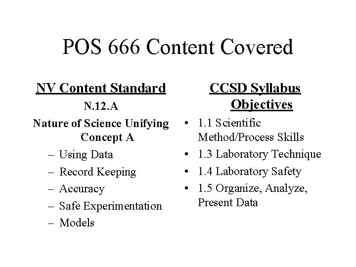 POS 666 Content Covered NV Content Standard N. 12. A Nature of Science Unifying