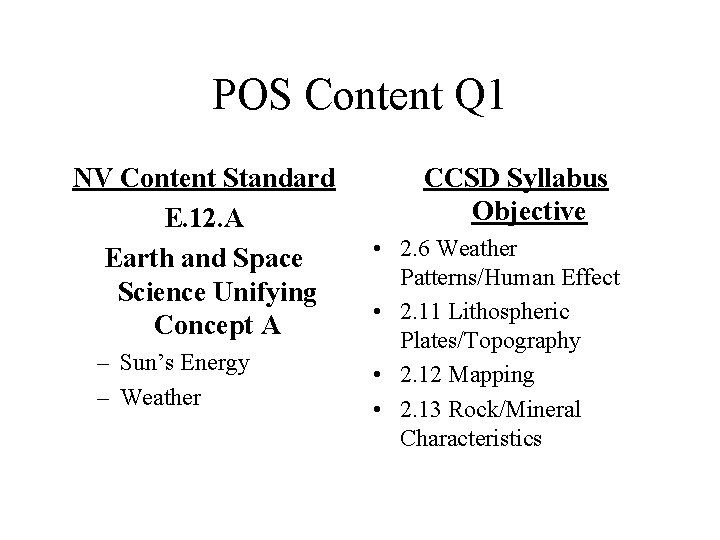 POS Content Q 1 NV Content Standard E. 12. A Earth and Space Science