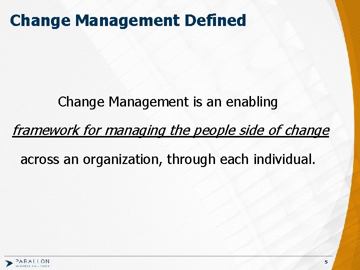 Change Management Defined Change Management is an enabling framework for managing the people side