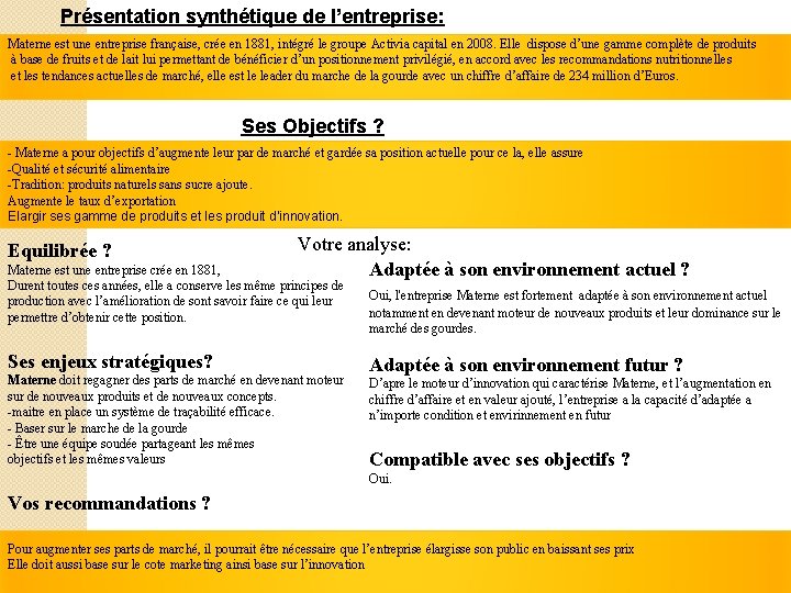 Présentation synthétique de l’entreprise: Materne est une entreprise française, crée en 1881, intégré le Présentation synthétique de l’entreprise: Materne est une entreprise française, crée en 1881, intégré le