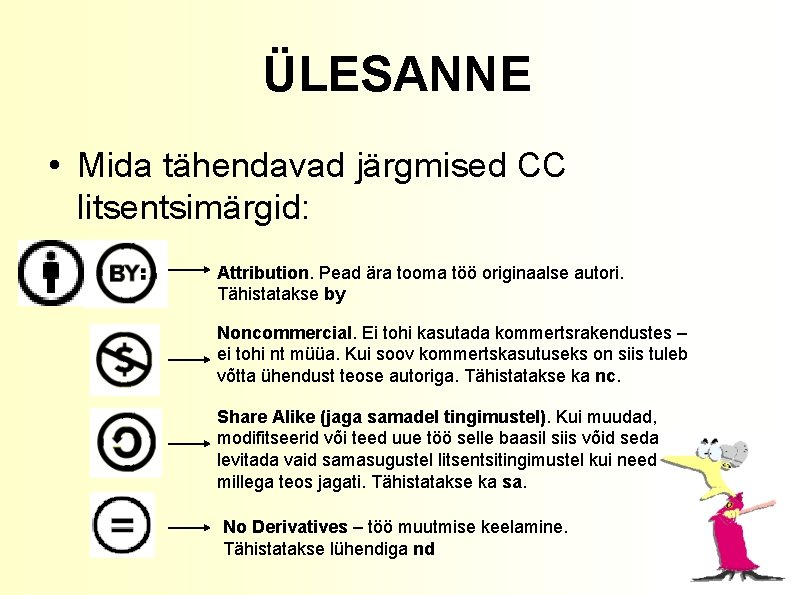 ÜLESANNE • Mida tähendavad järgmised CC litsentsimärgid: Attribution. Pead ära tooma töö originaalse autori.