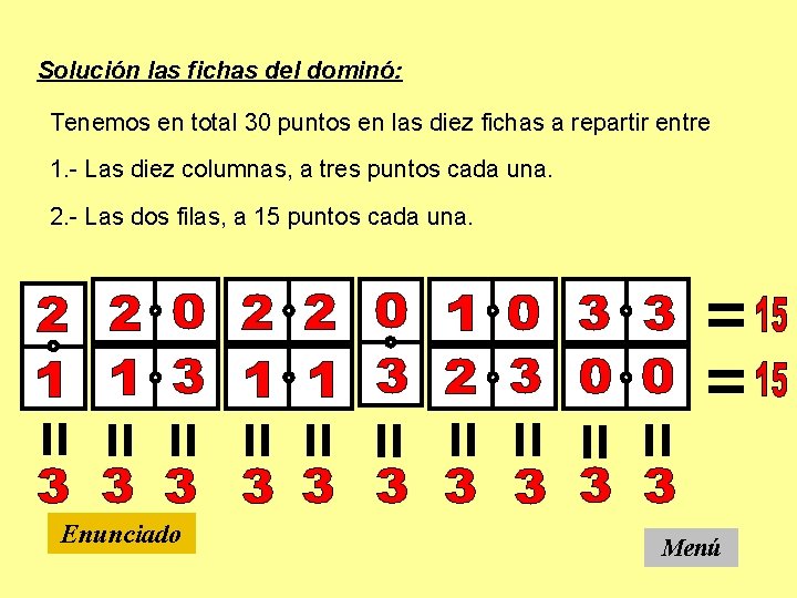 Solución las fichas del dominó: Tenemos en total 30 puntos en las diez fichas