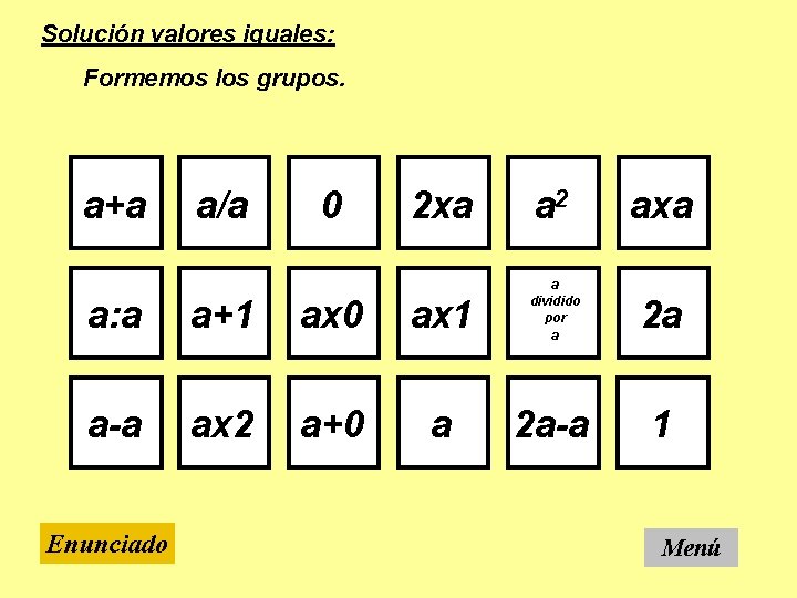 Solución valores iguales: Formemos los grupos. a+a a/a 0 2 xa a 2 axa