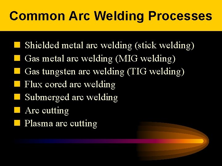 Common Arc Welding Processes n n n n Shielded metal arc welding (stick welding)