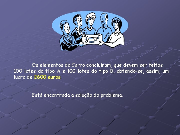 Os elementos do Carro concluíram, que devem ser feitos 100 lotes do tipo A