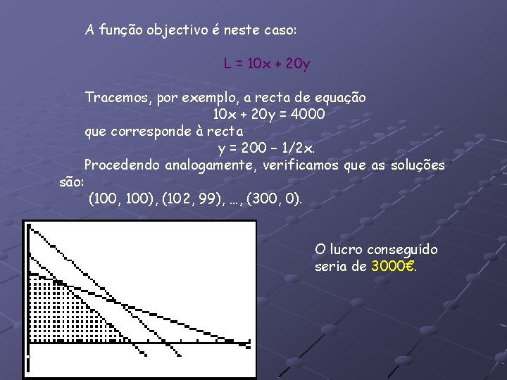 A função objectivo é neste caso: L = 10 x + 20 y Tracemos,