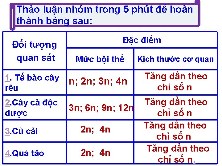 Thảo luận nhóm trong 5 phút để hoàn thành bảng sau: Đối tượng quan