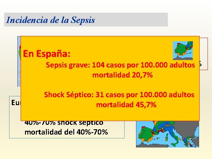 Incidencia de la Sepsis En España: USA: 751. 000 casos al año mortalidad global