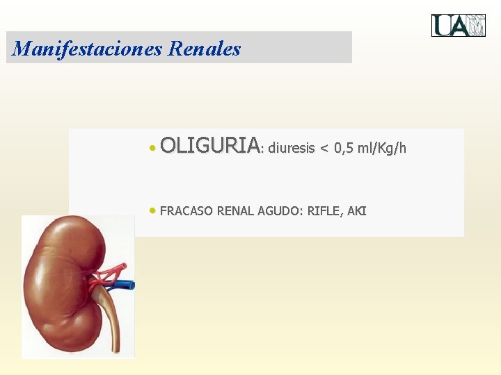 Manifestaciones Renales • OLIGURIA: diuresis < 0, 5 ml/Kg/h • FRACASO RENAL AGUDO: RIFLE,