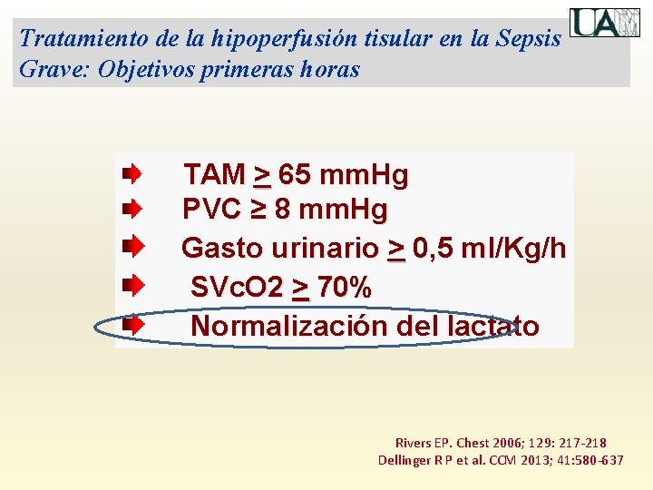 Tratamiento de la hipoperfusión tisular en la Sepsis Grave: Objetivos primeras horas TAM >