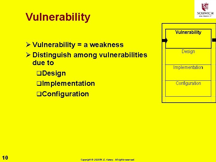 Vulnerability Ø Vulnerability = a weakness Ø Distinguish among vulnerabilities due to q. Design