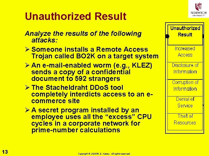 Unauthorized Result Analyze the results of the following attacks: Ø Someone installs a Remote