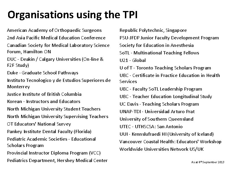 Organisations using the TPI American Academy of Orthopaedic Surgeons 2 nd Asia Pacific Medical