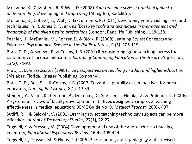 Mohanna, K. , Chambers, R. & Wall, D. (2008) Your teaching style: a practical