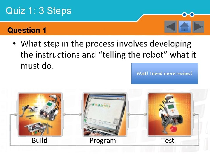 Quiz 1: 3 Steps Question 1 • What step in the process involves developing
