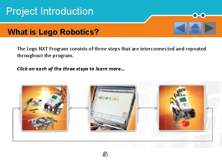 Project Introduction What is Lego Robotics? The Lego NXT Program consists of three steps