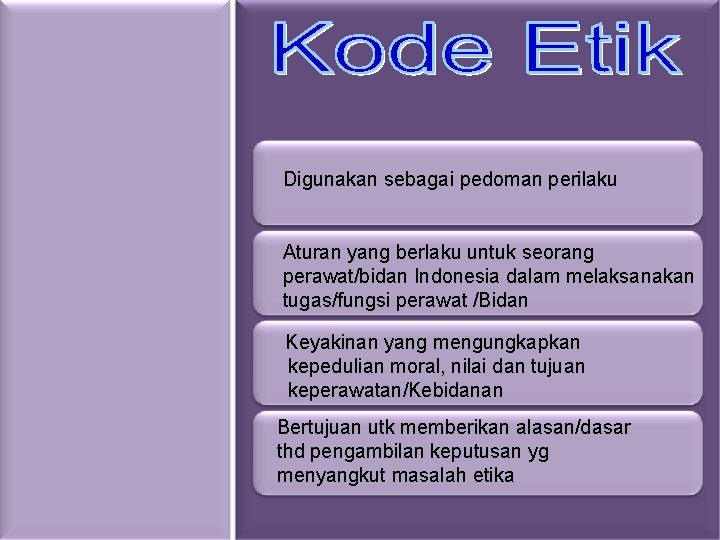 Digunakan sebagai pedoman perilaku Aturan yang berlaku untuk seorang perawat/bidan Indonesia dalam melaksanakan tugas/fungsi