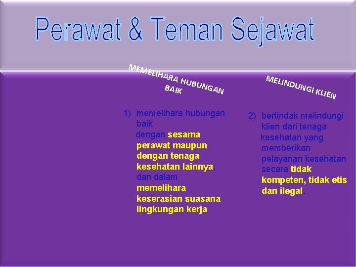 MEM ELIHA RA H U BAIK BUNGAN 1) memelihara hubungan baik dengan sesama perawat