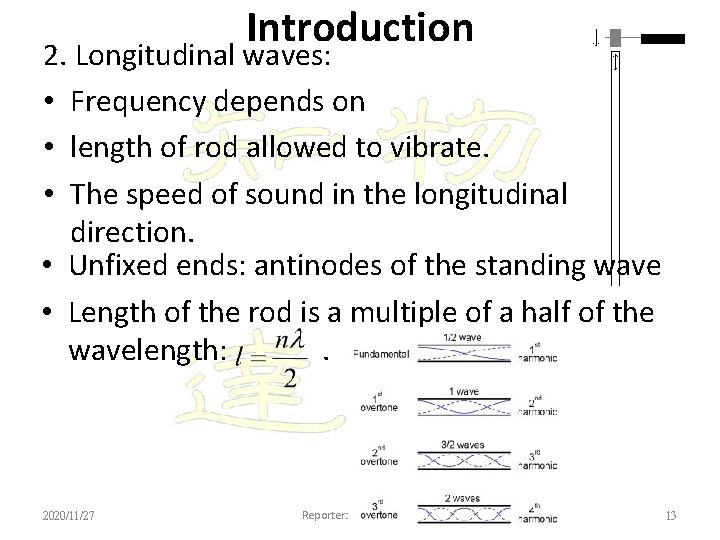 Introduction 2. Longitudinal waves: • Frequency depends on • length of rod allowed to