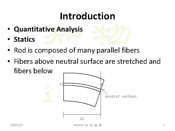 Introduction • • Quantitative Analysis Statics Rod is composed of many parallel fibers Fibers