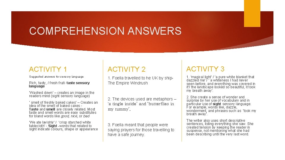 COMPREHENSION ANSWERS ACTIVITY 1 ACTIVITY 2 ACTIVITY 3 Suggested answers for sensory language 1.