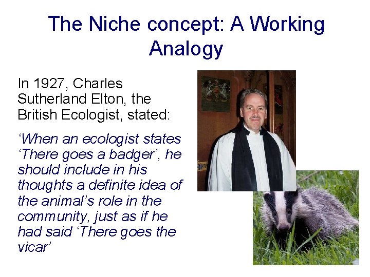 The Niche concept: A Working Analogy In 1927, Charles Sutherland Elton, the British Ecologist, The Niche concept: A Working Analogy In 1927, Charles Sutherland Elton, the British Ecologist,