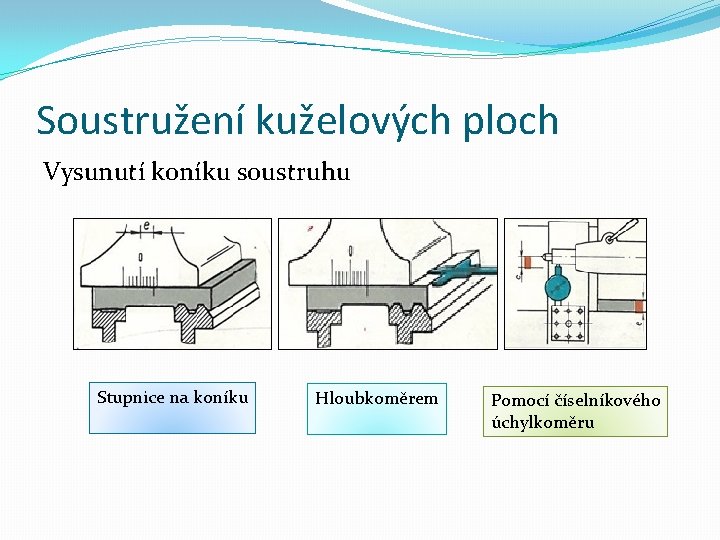 Soustružení kuželových ploch Vysunutí koníku soustruhu Stupnice na koníku Hloubkoměrem Pomocí číselníkového úchylkoměru 