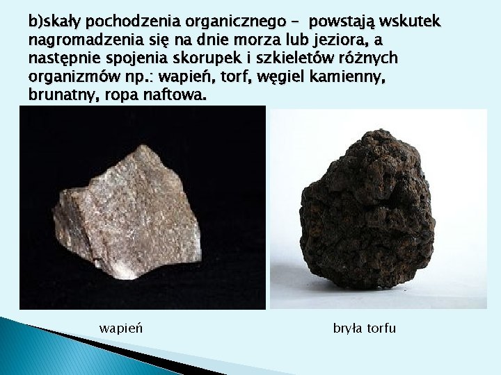b)skały pochodzenia organicznego – powstają wskutek nagromadzenia się na dnie morza lub jeziora, a