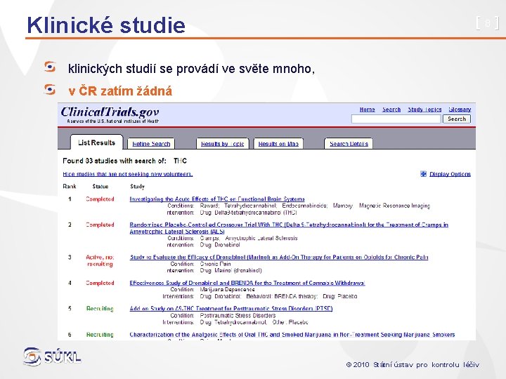 Klinické studie [8] klinických studií se provádí ve světe mnoho, v ČR zatím žádná