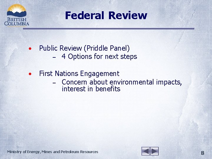 Federal Review • Public Review (Priddle Panel) – 4 Options for next steps •