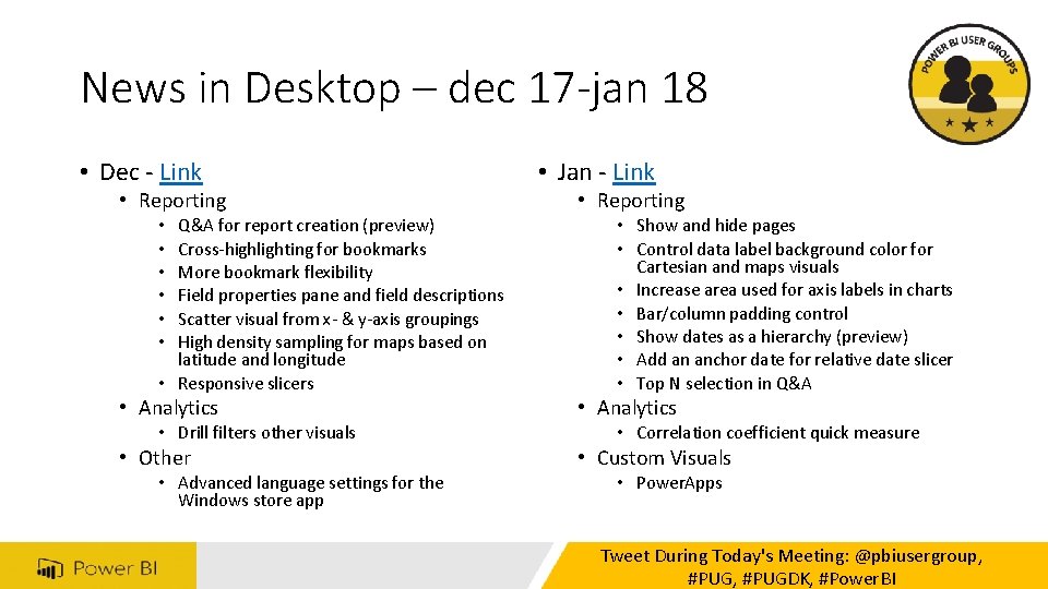 News in Desktop – dec 17 -jan 18 • Dec - Link • Reporting