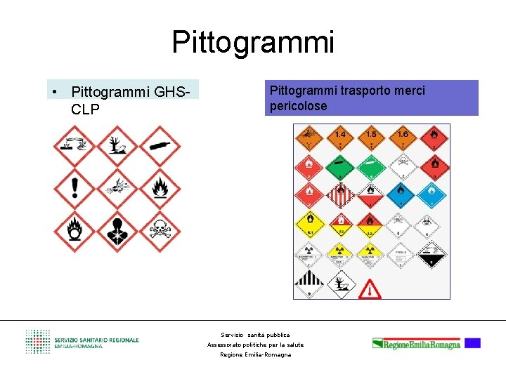 Pittogrammi • Pittogrammi GHSCLP Pittogrammi trasporto merci pericolose Servizio sanità pubblica Assessorato politiche per