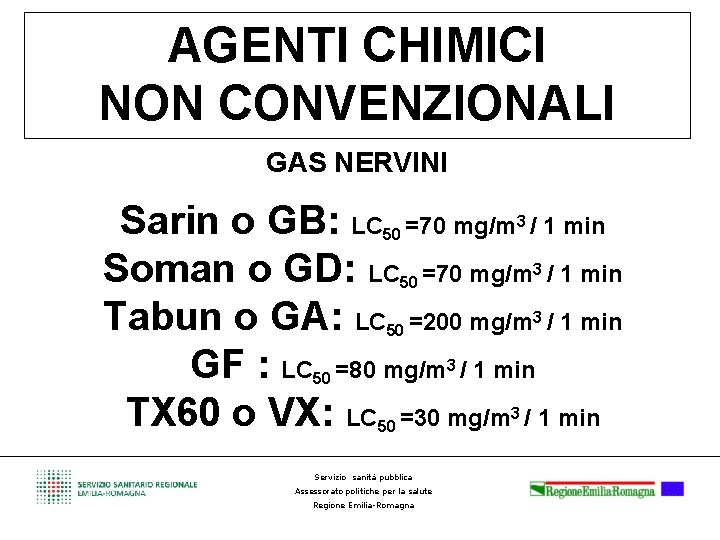 AGENTI CHIMICI NON CONVENZIONALI GAS NERVINI Sarin o GB: LC =70 mg/m / 1
