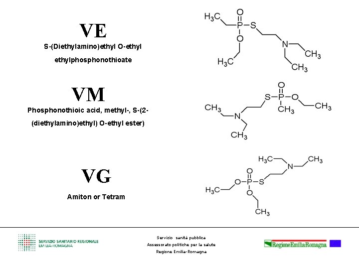 VE S-(Diethylamino)ethyl O-ethylphosphonothioate VM Phosphonothioic acid, methyl-, S-(2(diethylamino)ethyl) O-ethyl ester) VG Amiton or Tetram