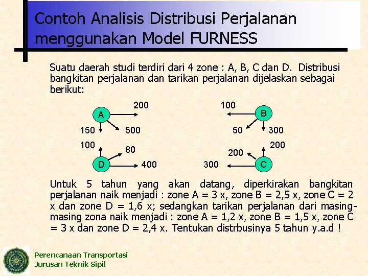 Contoh Analisis Distribusi Perjalanan menggunakan Model FURNESS Suatu daerah studi terdiri dari 4 zone