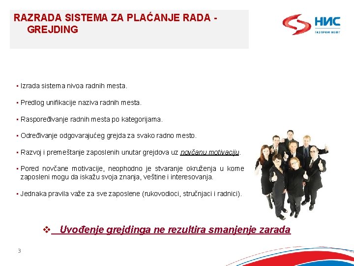 RAZRADA SISTEMA ZA PLAĆANJE RADA GREJDING • Izrada sistema nivoa radnih mesta. • Predlog