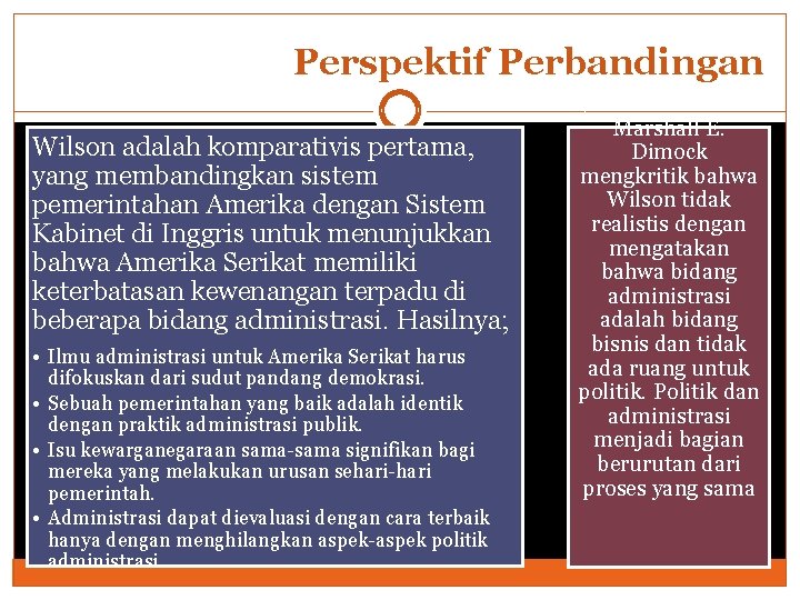 Perspektif Perbandingan Wilson adalah komparativis pertama, yang membandingkan sistem pemerintahan Amerika dengan Sistem Kabinet