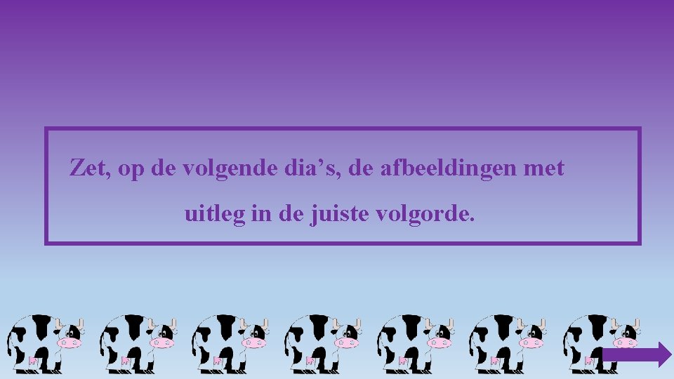 Zet, op de volgende dia’s, de afbeeldingen met uitleg in de juiste volgorde. 