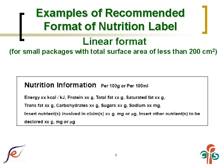 Examples of Recommended Format of Nutrition Label Linear format (for small packages with total