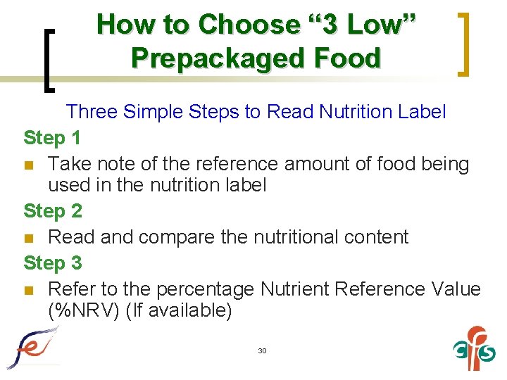 How to Choose “ 3 Low” Prepackaged Food Three Simple Steps to Read Nutrition