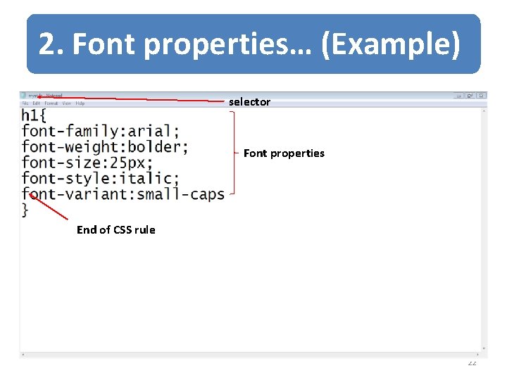 2. Font properties… (Example) selector Font properties End of CSS rule 22 