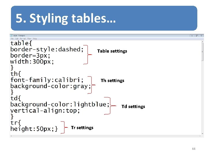 5. Styling tables… Table settings Th settings Td settings Tr settings 44 