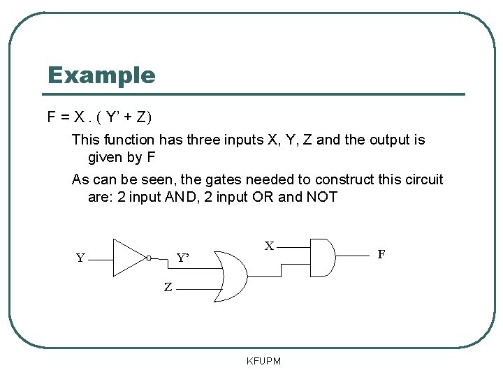 Example F = X. ( Y’ + Z) This function has three inputs X,