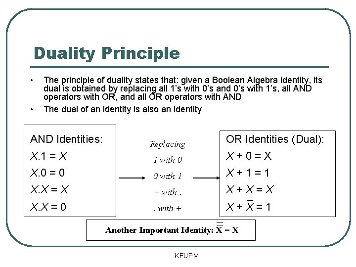 Duality Principle • • The principle of duality states that: given a Boolean Algebra