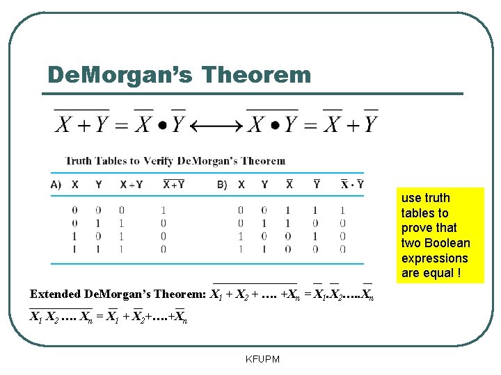 De. Morgan’s Theorem use truth tables to prove that two Boolean expressions are equal De. Morgan’s Theorem use truth tables to prove that two Boolean expressions are equal