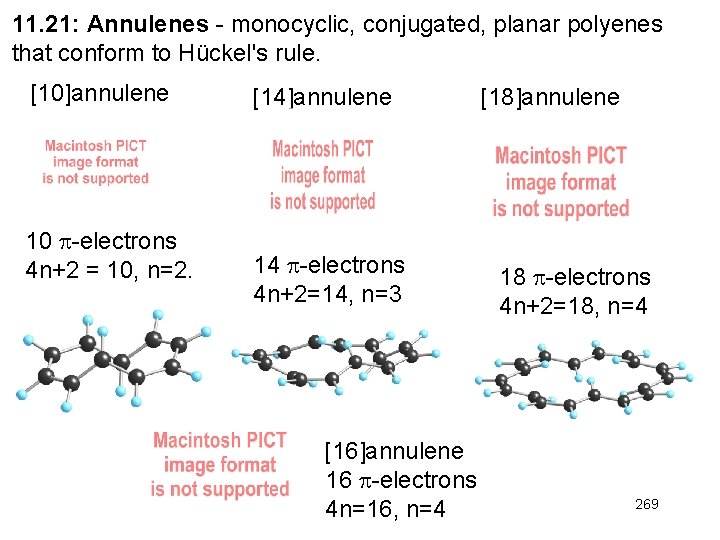 11. 21: Annulenes - monocyclic, conjugated, planar polyenes that conform to Hückel's rule. [10]annulene