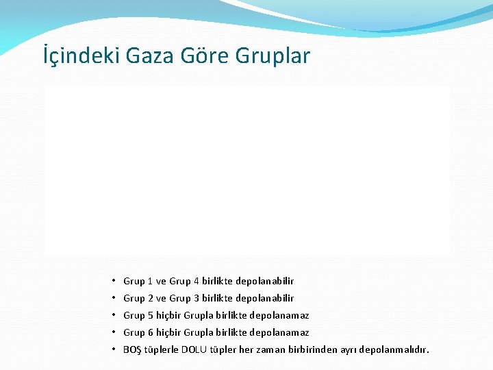 İçindeki Gaza Göre Gruplar • Grup 1 ve Grup 4 birlikte depolanabilir • Grup