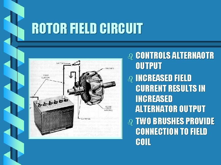 ROTOR FIELD CIRCUIT b CONTROLS ALTERNAOTR OUTPUT b INCREASED FIELD CURRENT RESULTS IN INCREASED