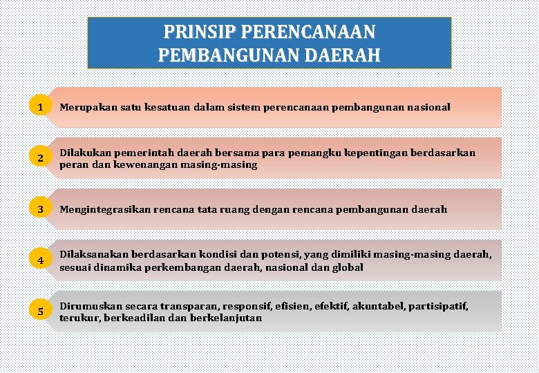 PRINSIP PERENCANAAN PEMBANGUNAN DAERAH 1 Merupakan satu kesatuan dalam sistem perencanaan pembangunan nasional 2